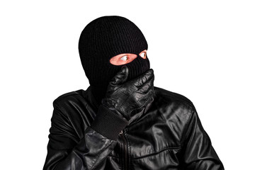 Thief in a mask covers his mouth with fear, isolated on a white background