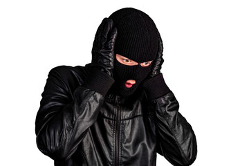 Thief in a mask grabbed his head, isolated on a white background