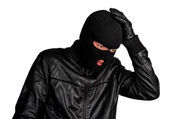 Thief in a mask grabbed his head, isolated on a white background