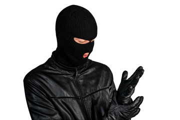 Thief in a mask wearing a glove, isolated on a white background
