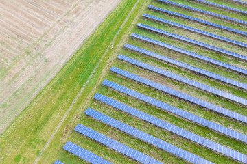 Solar energy power farm. Aerial view of solar panels.