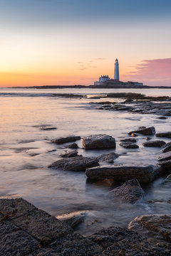 St. Mary's Lighthouse during Sunrise, Northumberland, England, Great Britain