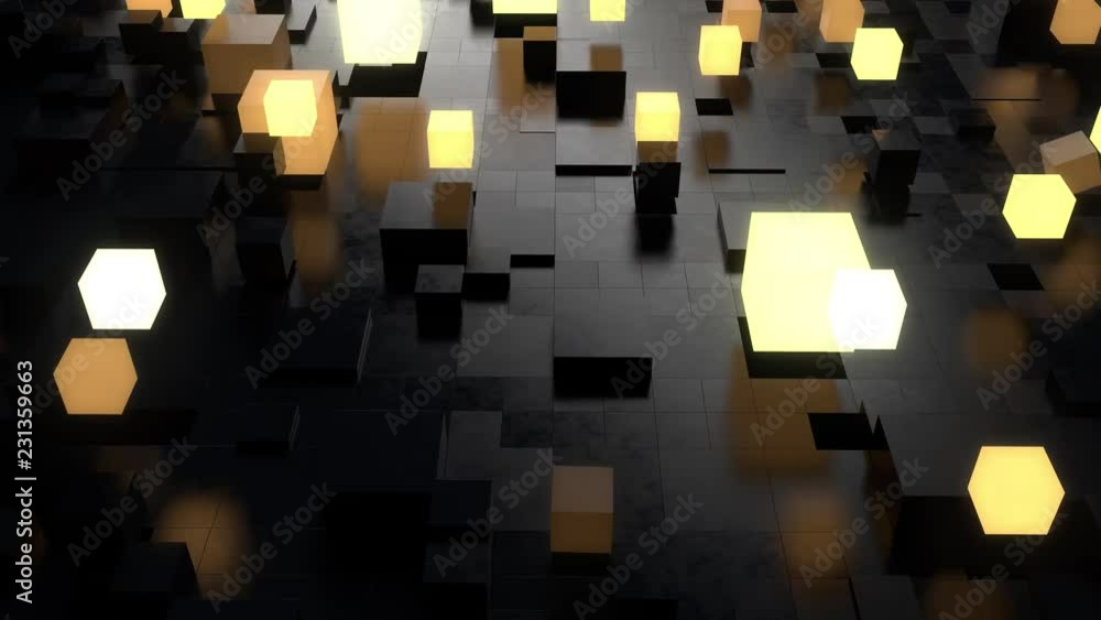 Poster 3d render abstract background with random cubes that go up, glow and rotate. ideas concept. reflecti