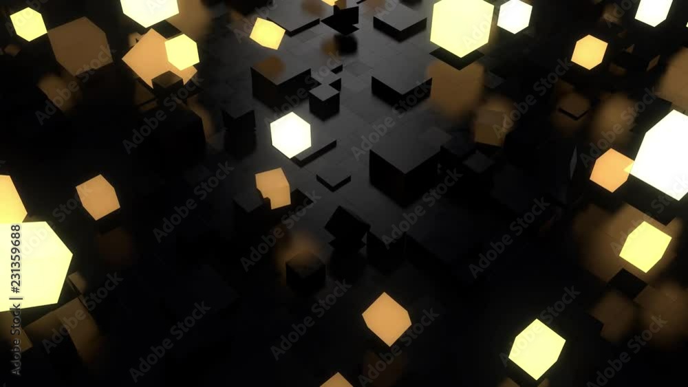 Poster 3d render abstract background with random cubes that go up, glow and rotate. ideas concept. reflecti