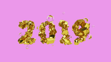 Happy New Year Banner with 2019 trendy pink color Numbers made by shattered cracked gold with flying glass or water spheres on bright background. abstract 3d illustration