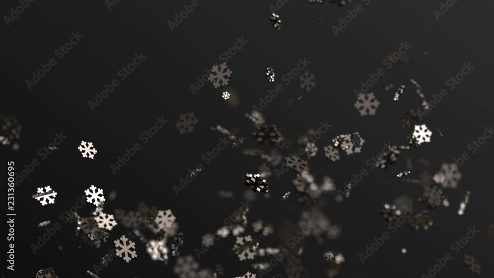 Poster abstract 3d rendering of flying snowflakes shapes. cgi animation, winter motion background design, 4