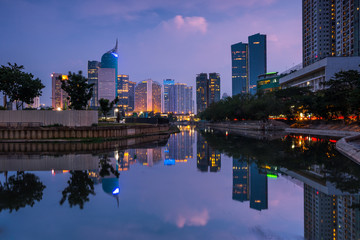 Beautiful Jakarta city in sunset. Landscape of office building and business center of capital city ...