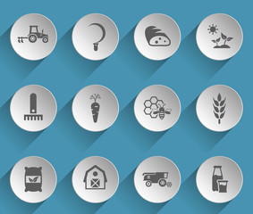 agriculture web icons on light paper circles