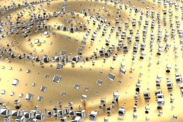 Obraz premium Silver or white gold platinum blocks cubes over metal yellow wave background. Modeling 3d illustration. wealth rich mining bitcoin concept . Money growing business finance success clipart