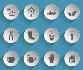 gardening web icons on light paper circles