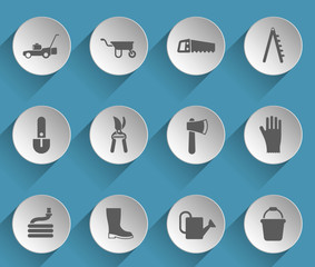 garden tools web icons on light paper circles