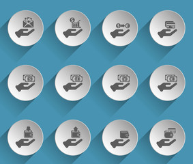 hand and money web icons on light paper circles