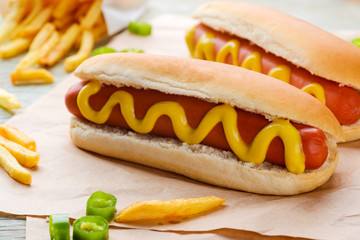 Hot dogs on baking paper