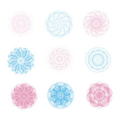 Guilloche. On a white background. It can be used as a protective layer for the certificates, diplomas, banknotes. Set. A circle. Blue, pink