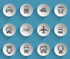 public transport web icons on light paper circles