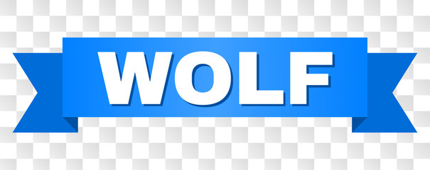 WOLF text on a ribbon. Designed with white caption and blue stripe. Vector banner with WOLF tag on a transparent background.