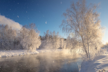 Obraz na płótnie Canvas зимний пейзаж на Уральской реке с туманом и деревьями в снегу, Россия, январь