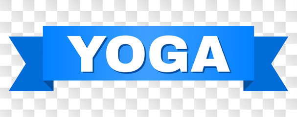 YOGA text on a ribbon. Designed with white caption and blue tape. Vector banner with YOGA tag on a transparent background.