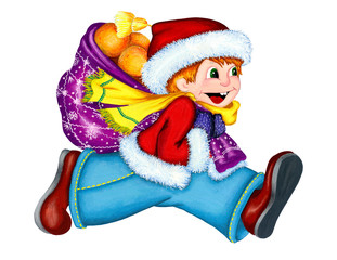 A boy in a red fur jacket, blue trousers, a bright yellow scarf and a Christmas hat runs to the right with a red bag full of oranges and smiles. Hand-drawn, New Year's image: greeting card. Isolated
