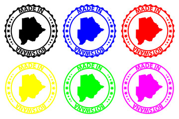 Made in Botswana - rubber stamp - vector, Botswana map pattern - black, blue, green, yellow, purple and red