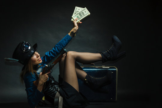 Steampunk girl with cash.