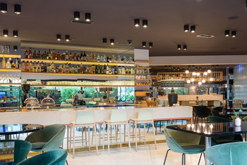Fototapeta na wymiar Modern restaurant interior in city center