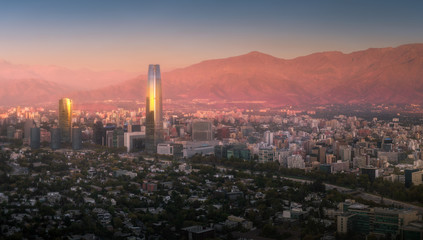 Panorama Skyline of financial district at Providencia in Santiago de Chile with The Andes mountains Range in the background