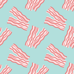 Seamless pattern with bacon strips on teal background. Vector texture.