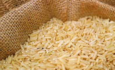 Uncooked Thai Brown Jasmine Rice in a Natural Hemp Sack 
