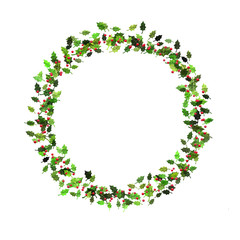 Holly leaves and red berries illustration round frame, isolated on white background. Seasonal, festive.