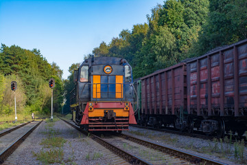 Fototapeta na wymiar Locomotive amid the composition of standing at an intermediate station in the forest