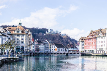 Beautiful aerial view Lake Lucerne, city the spring season, boats and ships, travel and vacation to Europe concept, boat club, Luzern, Switzerland