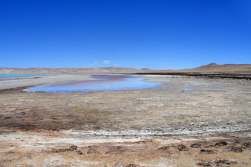 Lakes of Tibet. The store of lake of Sam Co in summer in clear weather