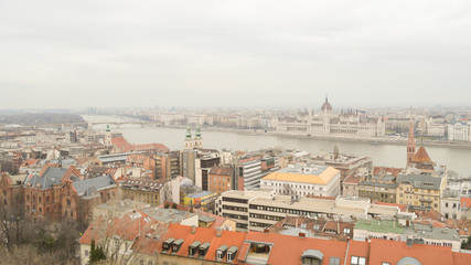 Fototapeta na wymiar Hungarian Parliament Building from Fisherman's Bastion in Budapest on December 29, 2017.