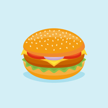 Burger isolated on blue background. Hamburger with lettuce, tomato, onion and cheese. Vector illustration.