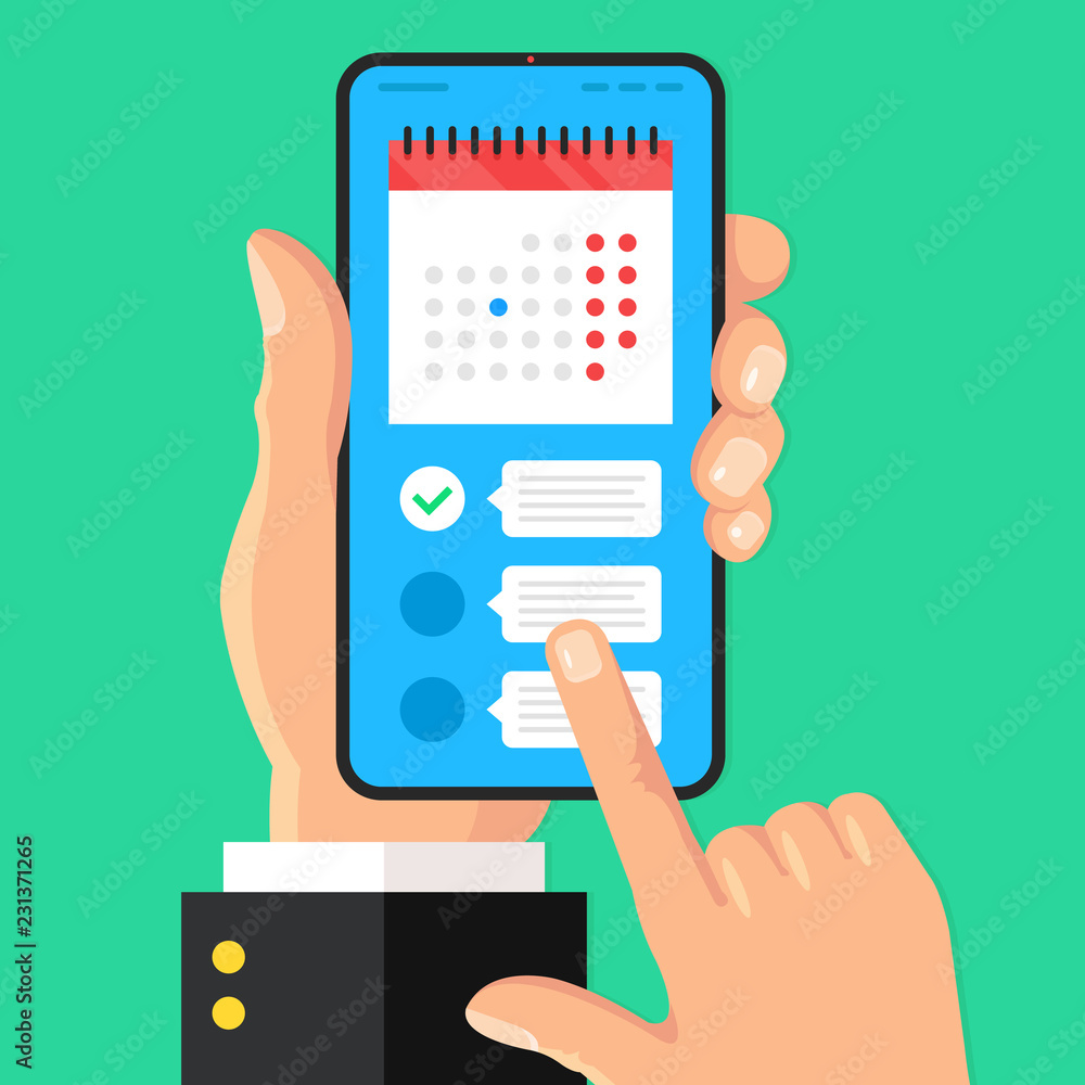 Poster planner app on smartphone screen. reminder, appointment concepts. hand holds smartphone with calenda