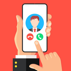 Phone call. Incoming call on smartphone screen. Hand holds mobile phone. Modern flat design. Vector illustration