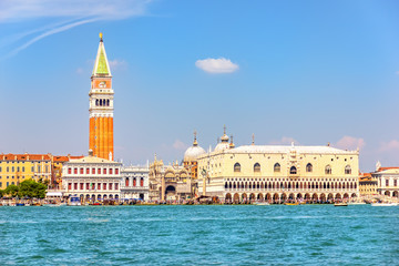 Fototapeta na wymiar The Venetian Lagoon with the main sights such as Doge's Palace and Piazza San Marco, view from the sea