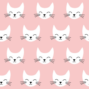 Seamless vector pattern with cats. Smiling cute cats background. 