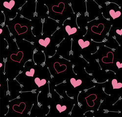 Seamless pattern with hearts and arrows on black. Vector Valentine's day background.