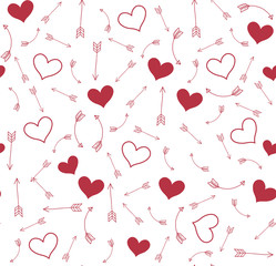 Valentines vector pattern of hearts and hand draw arrows. Seamless arrow background.