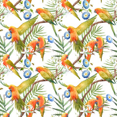 Watercolor tropical parrots pattern