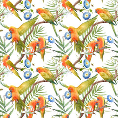 Watercolor tropical parrots pattern