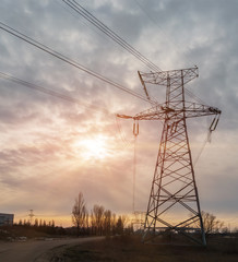 High-voltage power lines. Electricity distribution station. high voltage electric transmission tower. Distribution electric substation with power lines and transformers