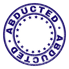 ABDUCTED stamp seal imprint with grunge texture. Designed with circles and stars. Blue vector rubber print of ABDUCTED title with grunge texture.