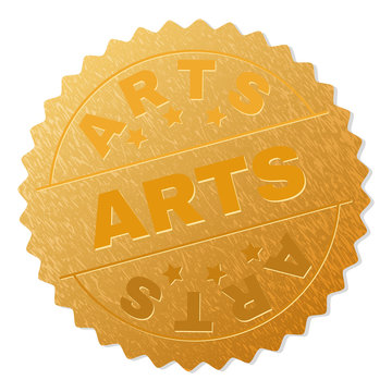 ARTS gold stamp reward. Vector golden award with ARTS text. Text labels are placed between parallel lines and on circle. Golden skin has metallic texture.