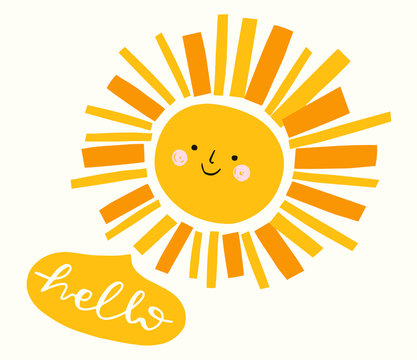 Funny retro smiling sun illustration with a speech bubble saying hello. Vector cute illustration for kids. Nursery art.