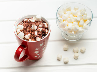 Hot cocoa and a handful of marshmallows in a glass bowl