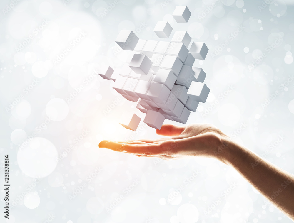 Poster cube white figure in male palm as symbol for integration. 3d rendering
