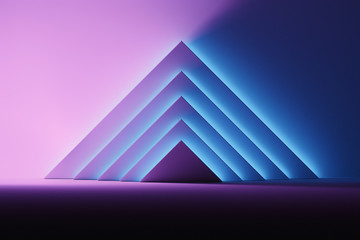 Fototapeta na wymiar Abstract background with triangular shapes illuminated by blue and pink glowing light over the dark surface. Room space with geometric primitive shapes pyramids. 3d illustration.